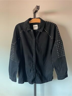Zara Studded Denim Jean Oversized Shirt Jacket Shacket Black Small